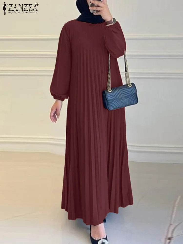 ZANZEA Modest Fashion Abaya Robes Woman Muslim Hijabis O-Neck Solid Pleated Eid Long Dresses Loose A-line Vestidos Fall 2025