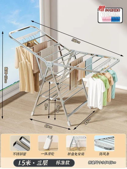 Stainless Steel Folding Drying Rack Balcony Floor Multi-functional Drying Rack Outdoor Wing Folding Clothesline