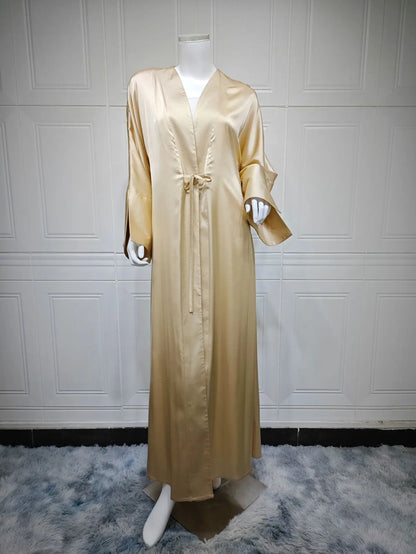 Middle Eastern Muslim Robe Fashion Satin Soft Dress Open Front Outerwear Abaya Solid Color