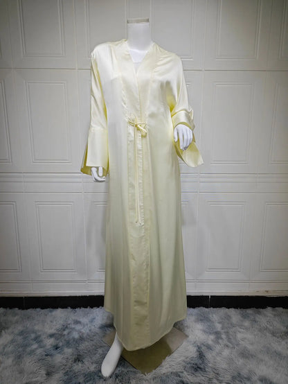 Middle Eastern Muslim Robe Fashion Satin Soft Dress Open Front Outerwear Abaya Solid Color
