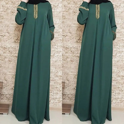 Muslim Abaya Ethnic Style Print Islam Abaya Dress Solid Color Loose Casual Robe Femme Musulman for Middle East Arabia
