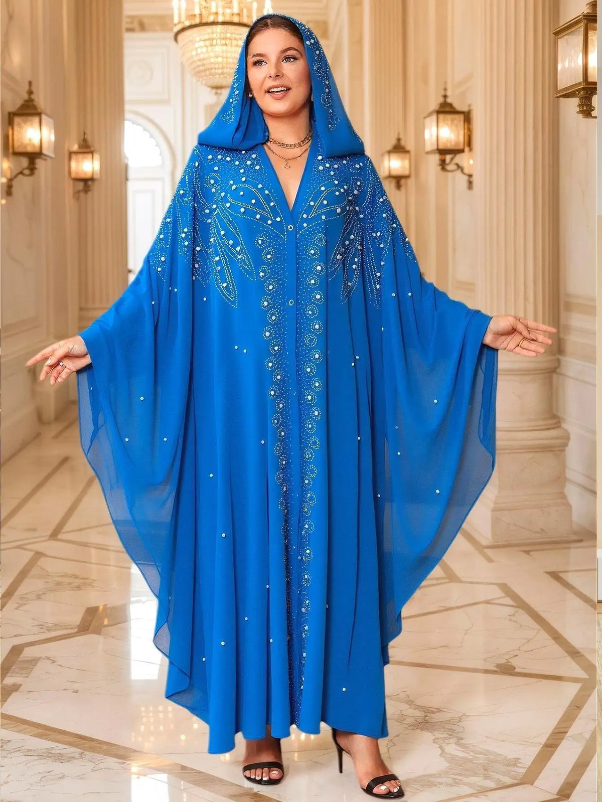 Abaya Morocco Kaftan Dubai Hooded Maxi Dress Bat Sleeve Farasha Kaftan Muslim Women African Open Kimono Boubou Evening Long Gown