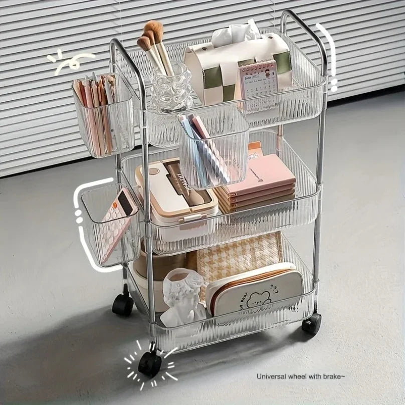 3Tier Clear Storage Cart with Wheels Multifunctional Rolling Organizer for Home and Office, Ideal for Bedroom Living Room