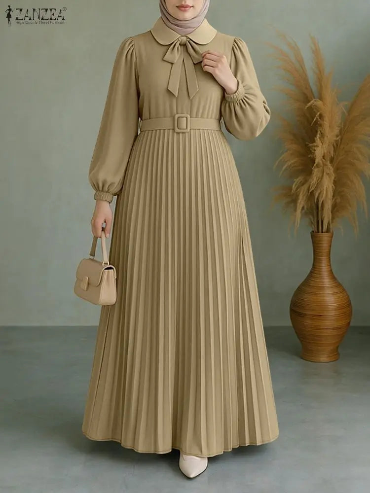 Elegant Muslim Dress Abaya ZANZEA Women 2025 Autumn Dresses Long Lantern Sleeve Pleated Sundress Belted Robe Femme Party Vestido