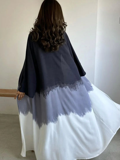 Abaya Fashion Midi Dress for Women; Middle East Muslim Long Robe with Tie-Dye Printed Cape for Spring and Summer