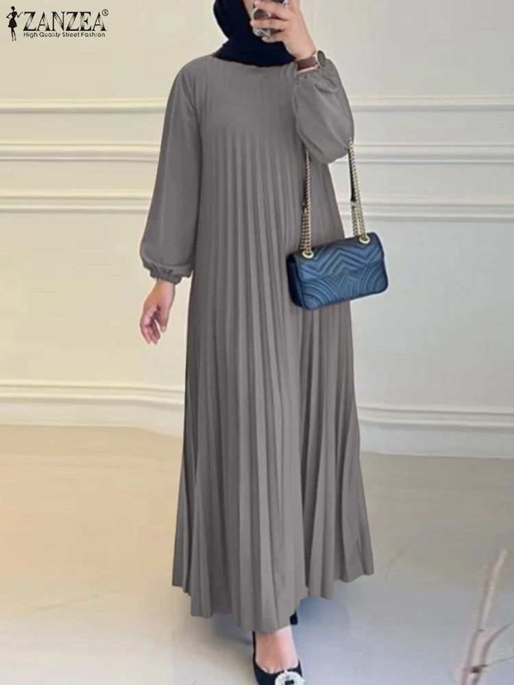 ZANZEA Modest Fashion Abaya Robes Woman Muslim Hijabis O-Neck Solid Pleated Eid Long Dresses Loose A-line Vestidos Fall 2025