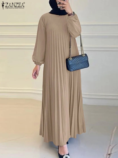ZANZEA Modest Fashion Abaya Robes Woman Muslim Hijabis O-Neck Solid Pleated Eid Long Dresses Loose A-line Vestidos Fall 2025