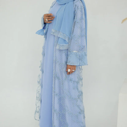 2pcs Abaya with Hijab Women Ramadan Muslim Dress Jilbab Kebaya Islam Kaftan Robe 3D Floral Mesh Abayas 2026 Eid Mubarak Dresses