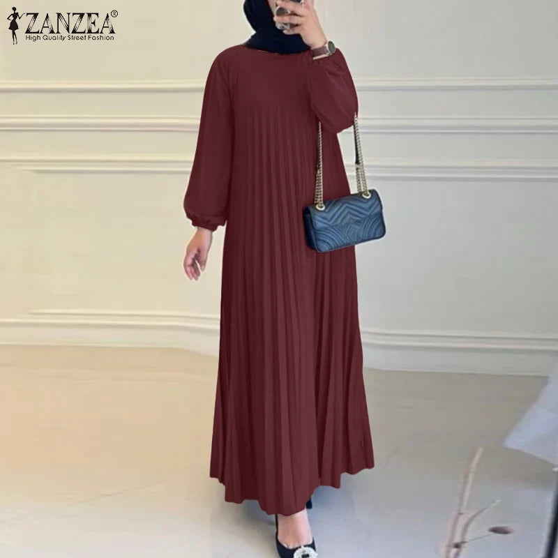 Ramadan Muslim Dress Abaya ZANZEA Casual Kaftan Women Long Sleeve Pleated Sundress Hijab Robe Femme IsIamic Clothing Eid Mubarek