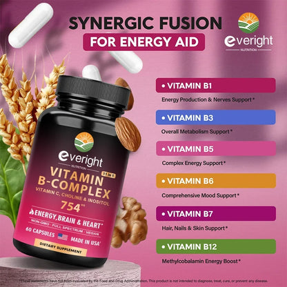 Vitamin B Complex for Energy, Brain & Heart Support - with B1, B2, B3, B5, B6, B7, B8, B9, B12 with Vitamin C, Choline, Inositol