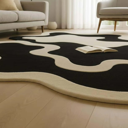 Irregular Hand Tufted Area Rug, Modern Abstract Black Ivory Wool Rug Mid Century Statement Designer Carpet for Livingroom Decor