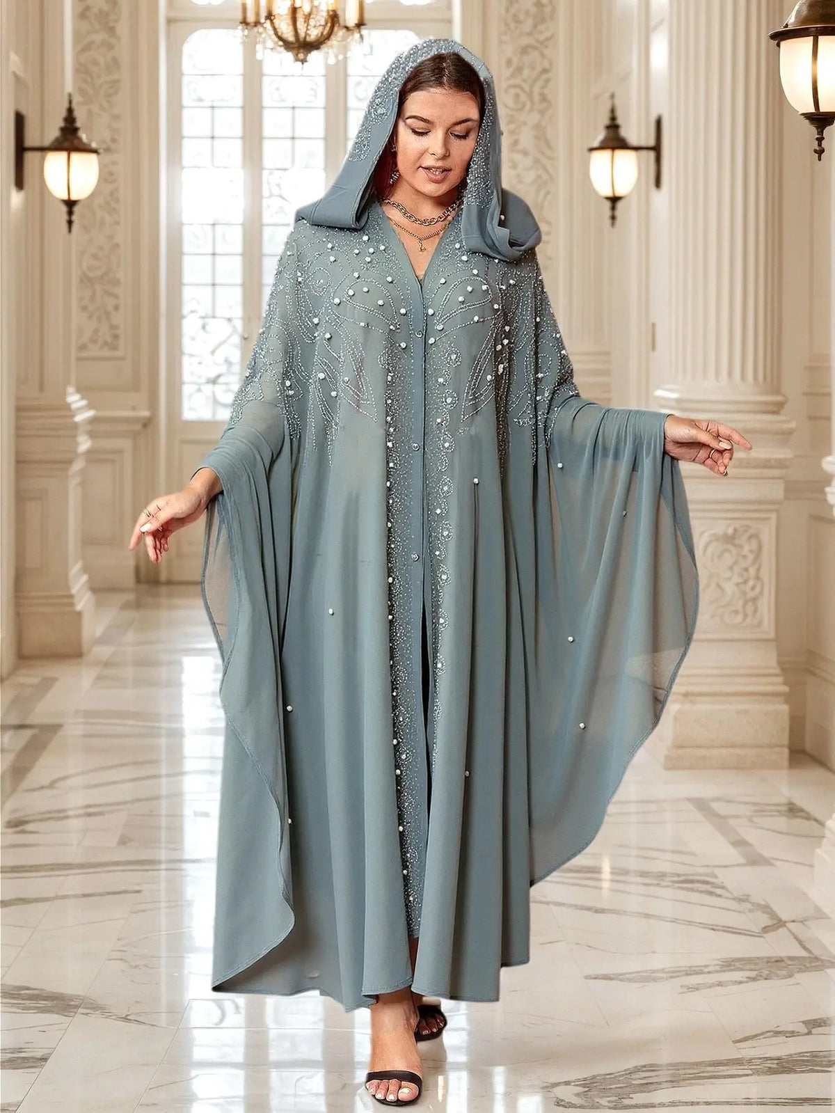 Abaya Morocco Kaftan Dubai Hooded Maxi Dress Bat Sleeve Farasha Kaftan Muslim Women African Open Kimono Boubou Evening Long Gown