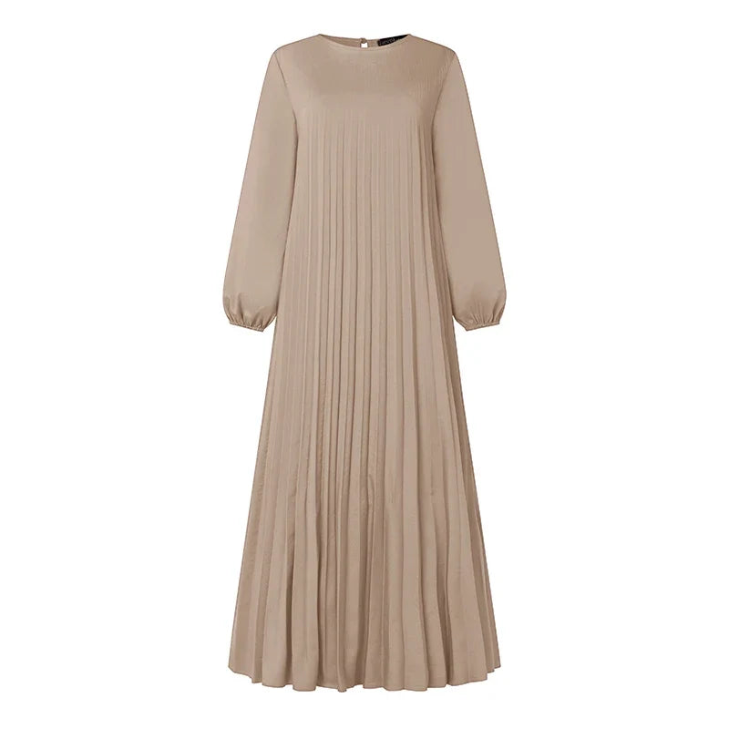 ZANZEA Modest Fashion Abaya Robes Woman Muslim Hijabis O-Neck Solid Pleated Eid Long Dresses Loose A-line Vestidos Fall 2025