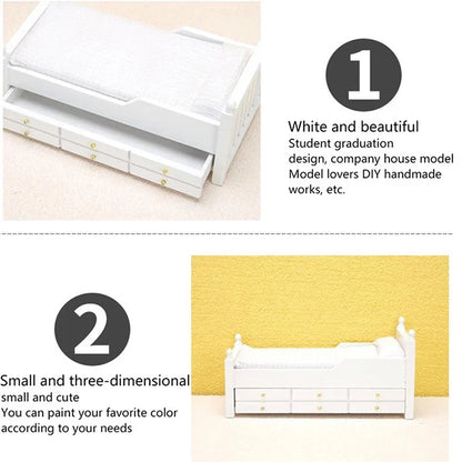 🛒1:12 Dollhouse Miniature Bed White European Single Bed with Drawer Bedroom Furniture Model Decor Toy Doll House Accessories