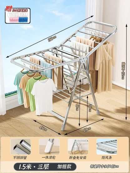 Stainless Steel Folding Drying Rack Balcony Floor Multi-functional Drying Rack Outdoor Wing Folding Clothesline