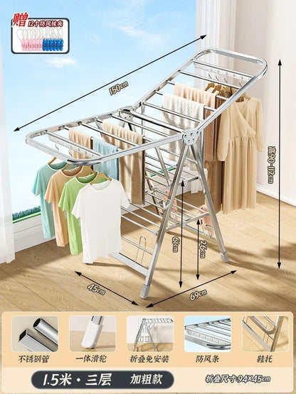 Stainless Steel Folding Drying Rack Balcony Floor Multi-functional Drying Rack Outdoor Wing Folding Clothesline