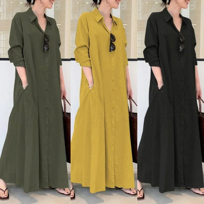 2025 Abayas For Women Cotton Linen Solid Color Lapel Long Sleeve Pocket Robe Femme Musulman Simple Loose Casual Long Shirt Dress