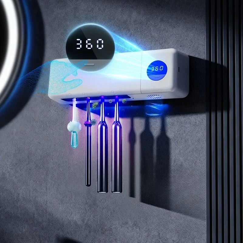 Intelligent UV Toothbrush Sterilizer USB Charging Wall-Mounted No-Drill Toothbrush Cleaner Bathroom Toothbrush Holder Organizer