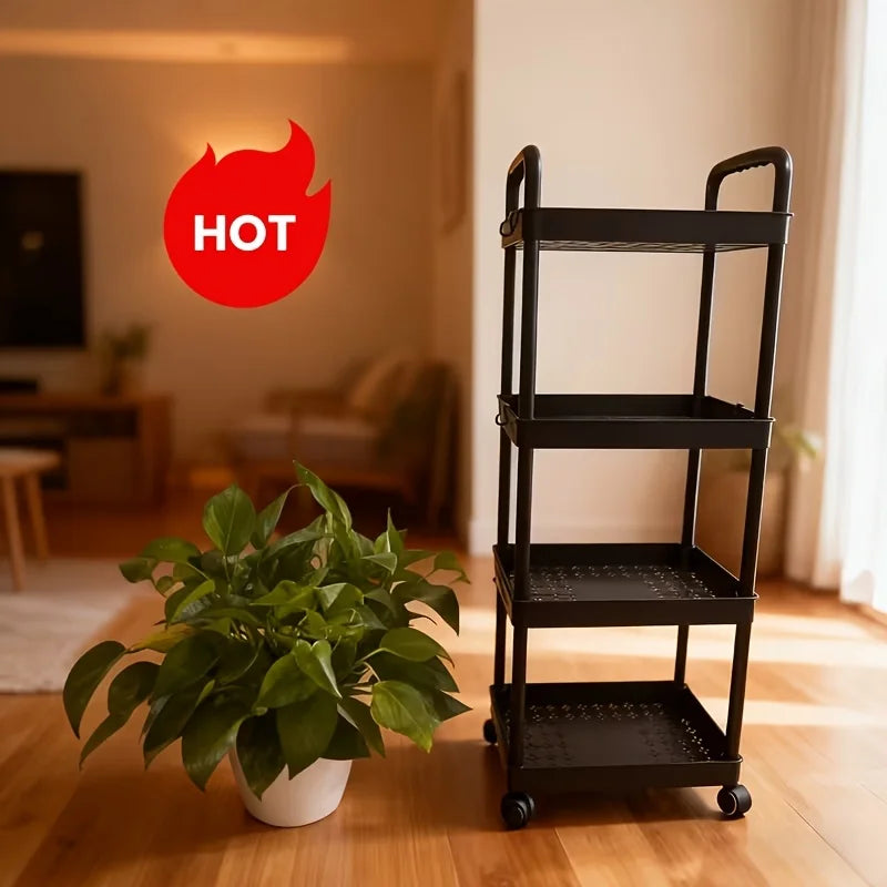 4-Tier Plastic Rolling Storage Cart - Portable Shelf Trolley with Wheels for Home Organization