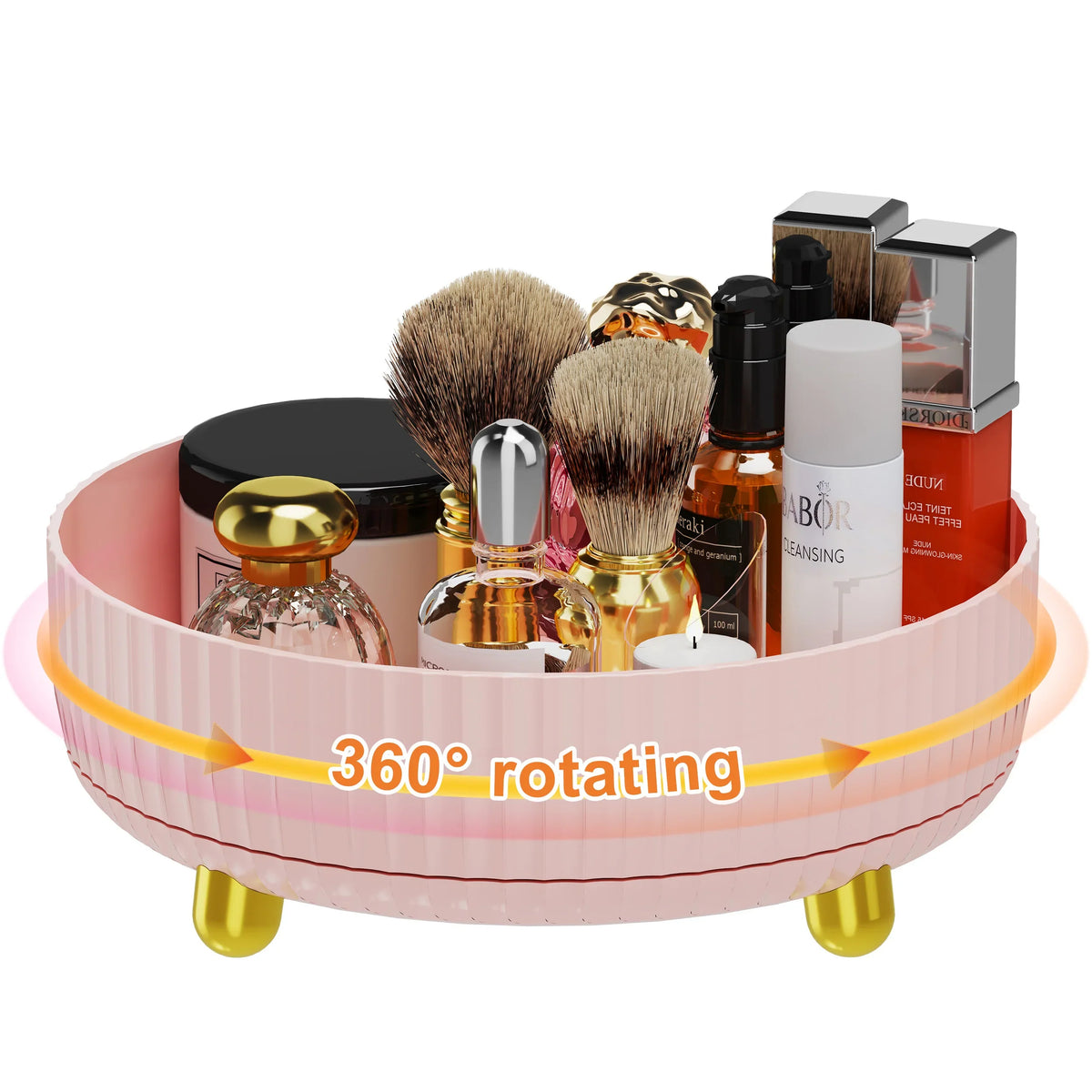 1pc Large Capacity 360-Degree Rotating Makeup & Perfume Organizer - Sleek Black Vanity Storage Tray with Golden Accents