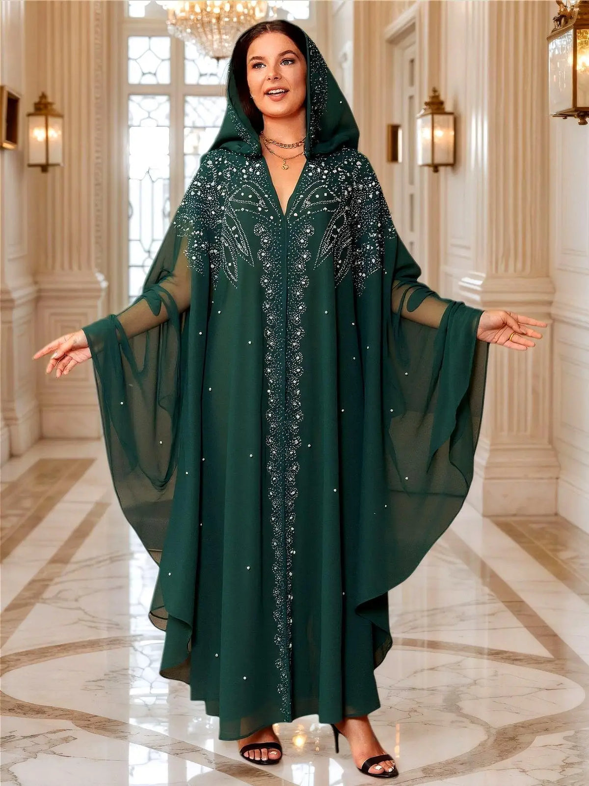 Abaya Morocco Kaftan Dubai Hooded Maxi Dress Bat Sleeve Farasha Kaftan Muslim Women African Open Kimono Boubou Evening Long Gown