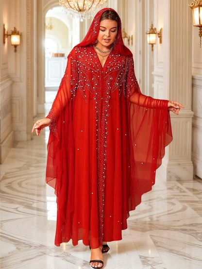 Abaya Morocco Kaftan Dubai Hooded Maxi Dress Bat Sleeve Farasha Kaftan Muslim Women African Open Kimono Boubou Evening Long Gown