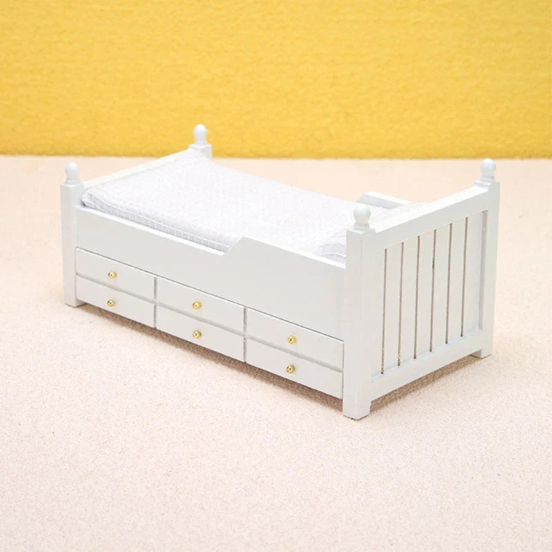 🛒1:12 Dollhouse Miniature Bed White European Single Bed with Drawer Bedroom Furniture Model Decor Toy Doll House Accessories