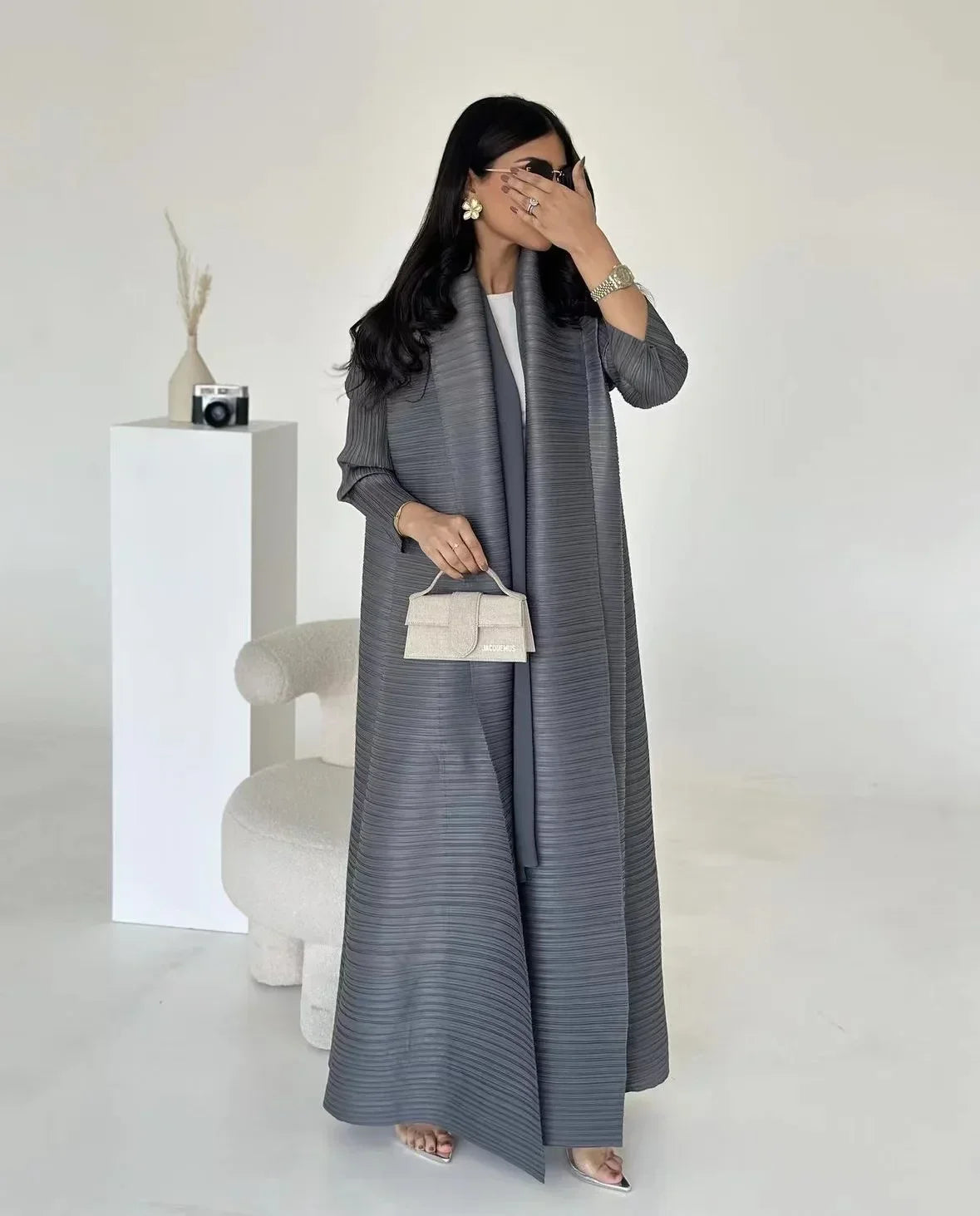 Muslim Abaya Black Simple Commuter Fashion Pleated Loose Long Trench Coat Jacket 2024 Fall New
