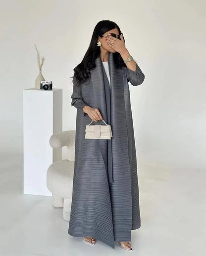 Muslim Abaya Black Simple Commuter Fashion Pleated Loose Long Trench Coat Jacket 2024 Fall New