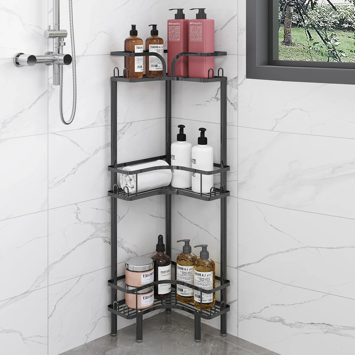 1Pc Bathroom Corner Floor-Standing Storage Rack Multi-Layer Bathroom Toilet Shower Shelf for Shower Gel and Shampoo Triangular Metal Shelf Standing Shower Caddy Corner Stand Shower Rack Corner