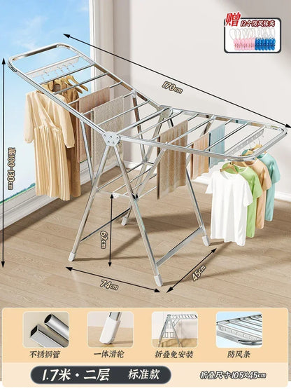 Stainless Steel Folding Drying Rack Balcony Floor Multi-functional Drying Rack Outdoor Wing Folding Clothesline