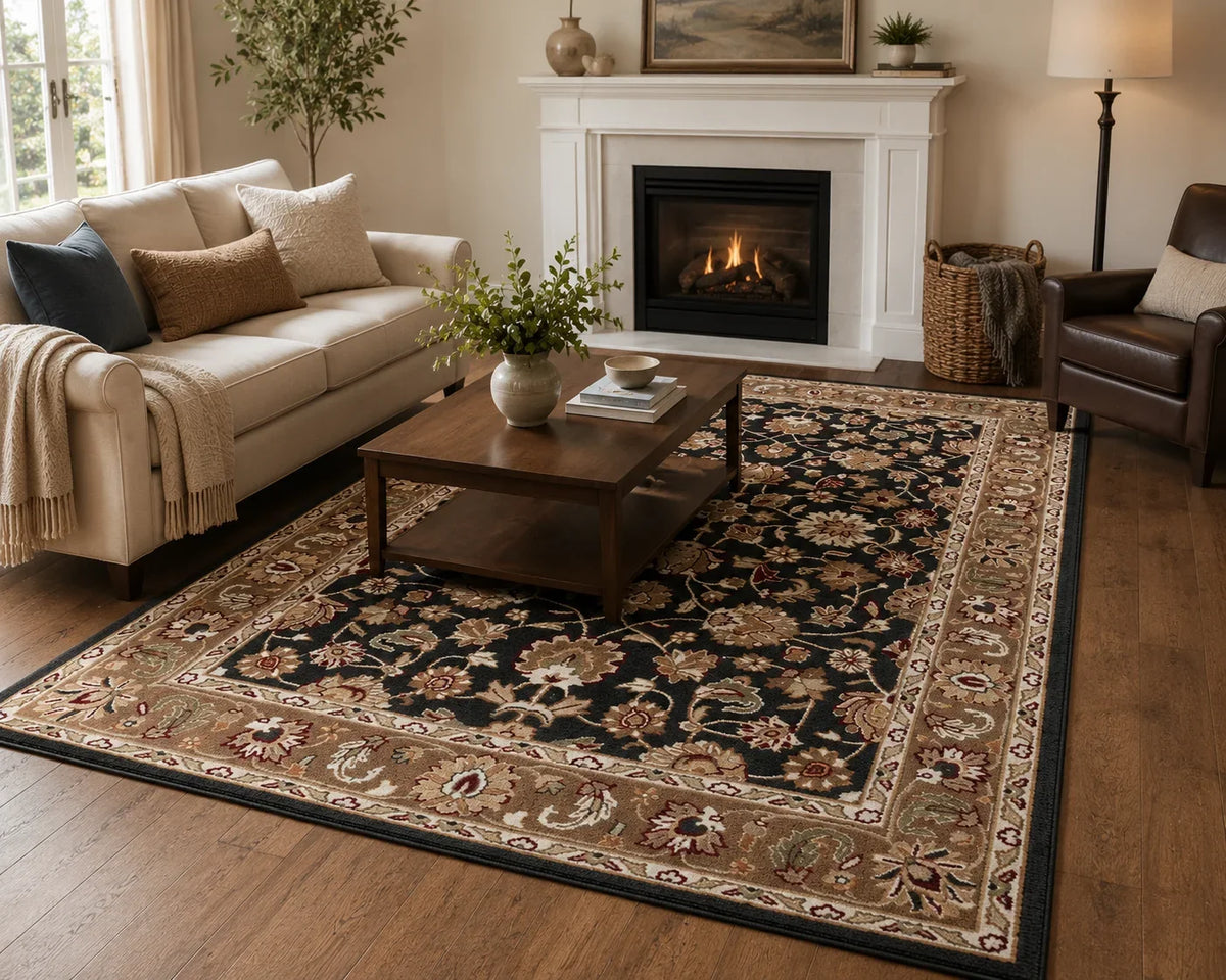 Hot Selling Traditional Black Hand Tufted Wool Area Rug Persian Floral Design Cut Pile Carpet for Living Room Bedroom Hotel Home