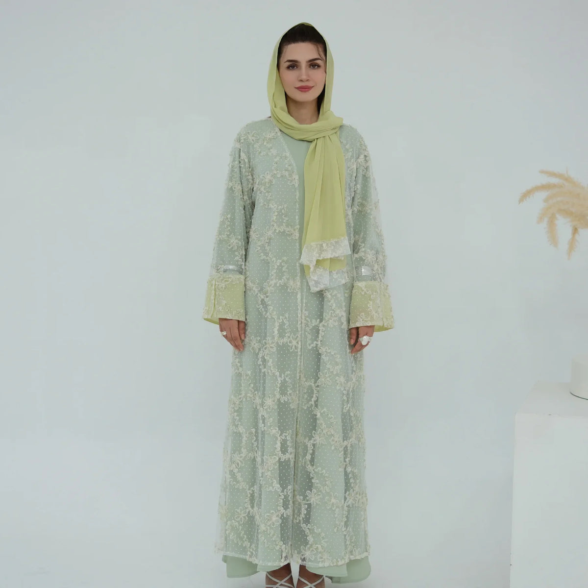 2pcs Abaya with Hijab Women Ramadan Muslim Dress Jilbab Kebaya Islam Kaftan Robe 3D Floral Mesh Abayas 2026 Eid Mubarak Dresses