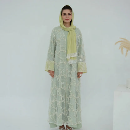 2pcs Abaya with Hijab Women Ramadan Muslim Dress Jilbab Kebaya Islam Kaftan Robe 3D Floral Mesh Abayas 2026 Eid Mubarak Dresses