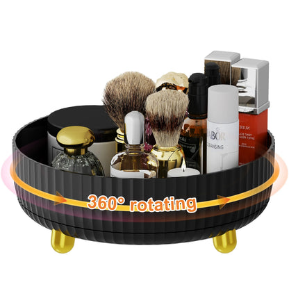 1pc Large Capacity 360-Degree Rotating Makeup & Perfume Organizer - Sleek Black Vanity Storage Tray with Golden Accents