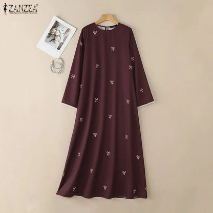 Hijabi Modest Bow Printing Maxi Dress Islamic Women's O-Neck Lace Trim Long Sleeve Loose Abaya ZANZEA Muslim Ramadan Robes Femme