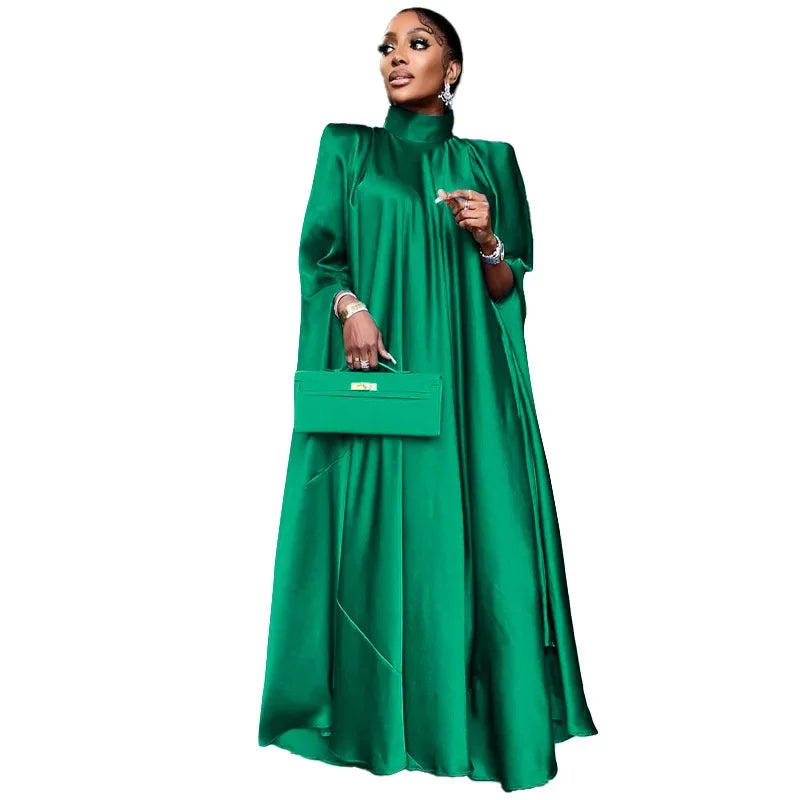Fashion Luxury Dubai Indian Dress Muslim Abaya for Women Elegant High Neck Loose Pullover Solid Satin Party Evening Dresses Robe