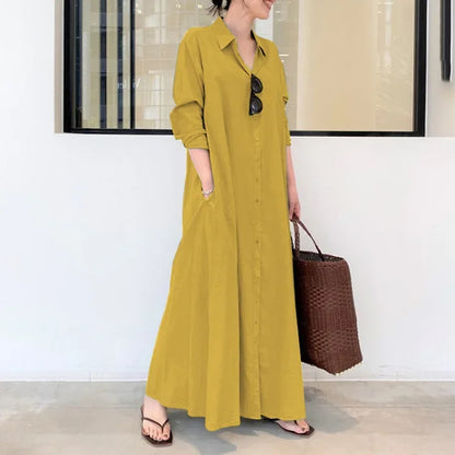 2025 Abayas For Women Cotton Linen Solid Color Lapel Long Sleeve Pocket Robe Femme Musulman Simple Loose Casual Long Shirt Dress