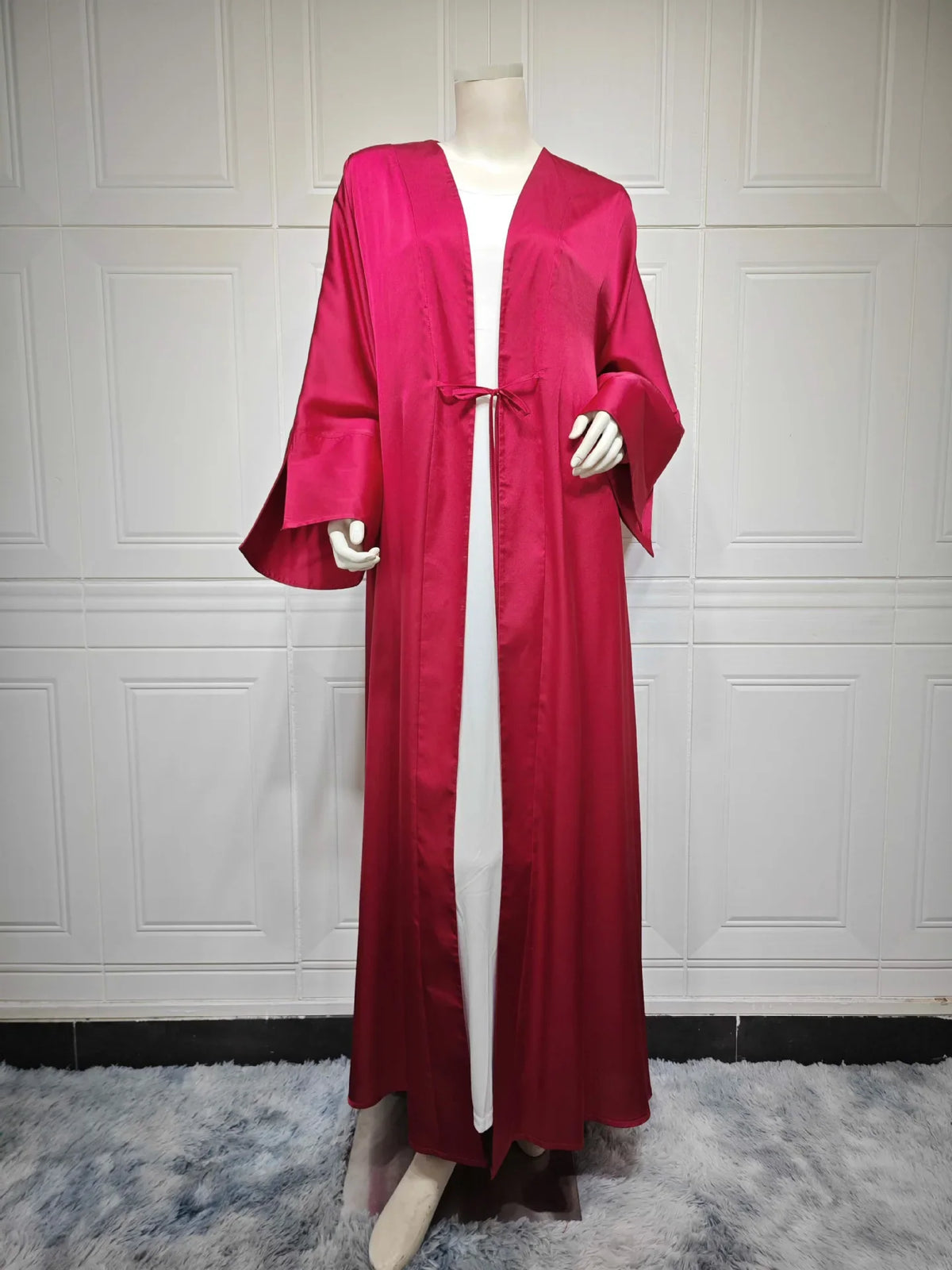 Middle Eastern Muslim Robe Fashion Satin Soft Dress Open Front Outerwear Abaya Solid Color