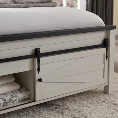 Farmhouse King Size Bed Frame with Headboard, Sliding Barn Door Storage Cabinets, Sturdy Wood Slats Support, No Box, Customized