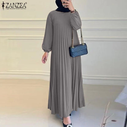 Ramadan Muslim Dress Abaya ZANZEA Casual Kaftan Women Long Sleeve Pleated Sundress Hijab Robe Femme IsIamic Clothing Eid Mubarek