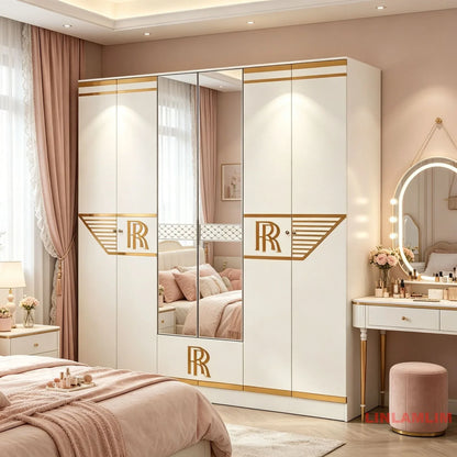 6-Piece Luxury White & Gold Bedroom Set with Latex Mattress, Bed, Wardrobe, Nightstands and Vanity Table, Bedroom Collection