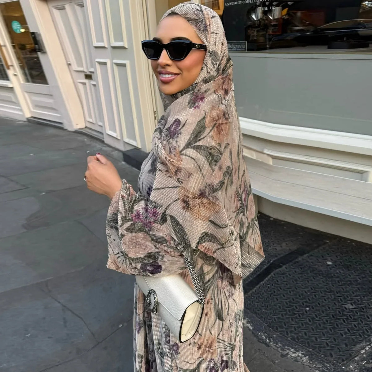 Women's Pleated Floral Print Abaya with Matching Hijab - Open Front Modest Dress for Daily & Religious Occasions