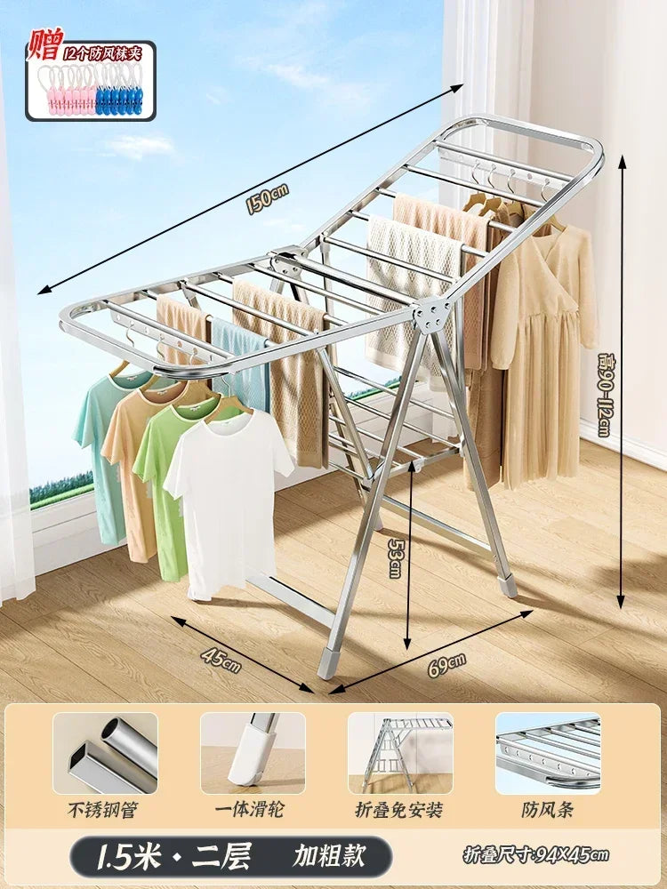 Stainless Steel Folding Drying Rack Balcony Floor Multi-functional Drying Rack Outdoor Wing Folding Clothesline
