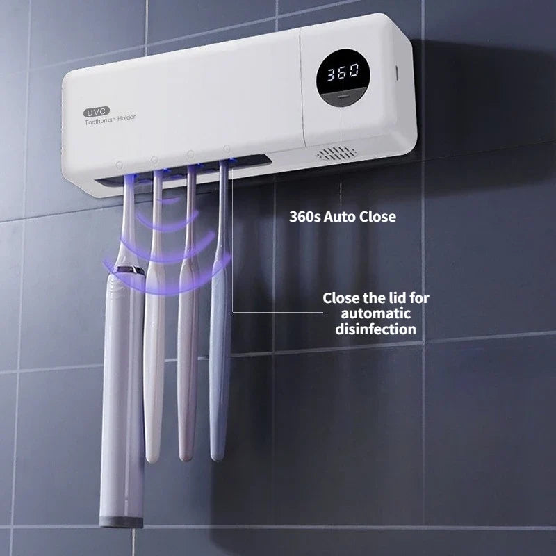 Intelligent UV Toothbrush Sterilizer USB Charging Wall-Mounted No-Drill Toothbrush Cleaner Bathroom Toothbrush Holder Organizer