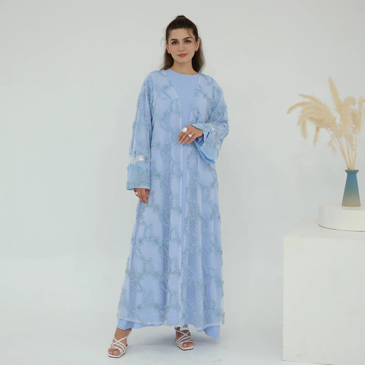 2pcs Abaya with Hijab Women Ramadan Muslim Dress Jilbab Kebaya Islam Kaftan Robe 3D Floral Mesh Abayas 2026 Eid Mubarak Dresses