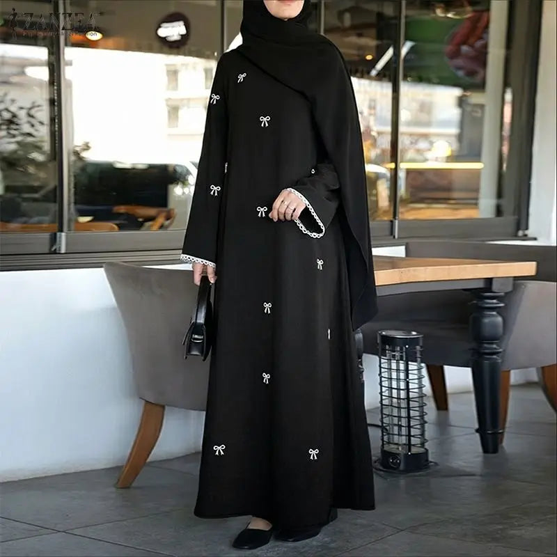 Hijabi Modest Bow Printing Maxi Dress Islamic Women's O-Neck Lace Trim Long Sleeve Loose Abaya ZANZEA Muslim Ramadan Robes Femme