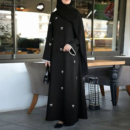 Hijabi Modest Bow Printing Maxi Dress Islamic Women's O-Neck Lace Trim Long Sleeve Loose Abaya ZANZEA Muslim Ramadan Robes Femme