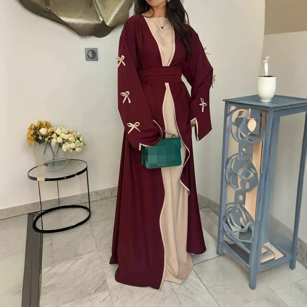 Ladies' Arab Long Gown with Bow Knot Soft Comfortable Casual Solid Color Outer Dress with Belt