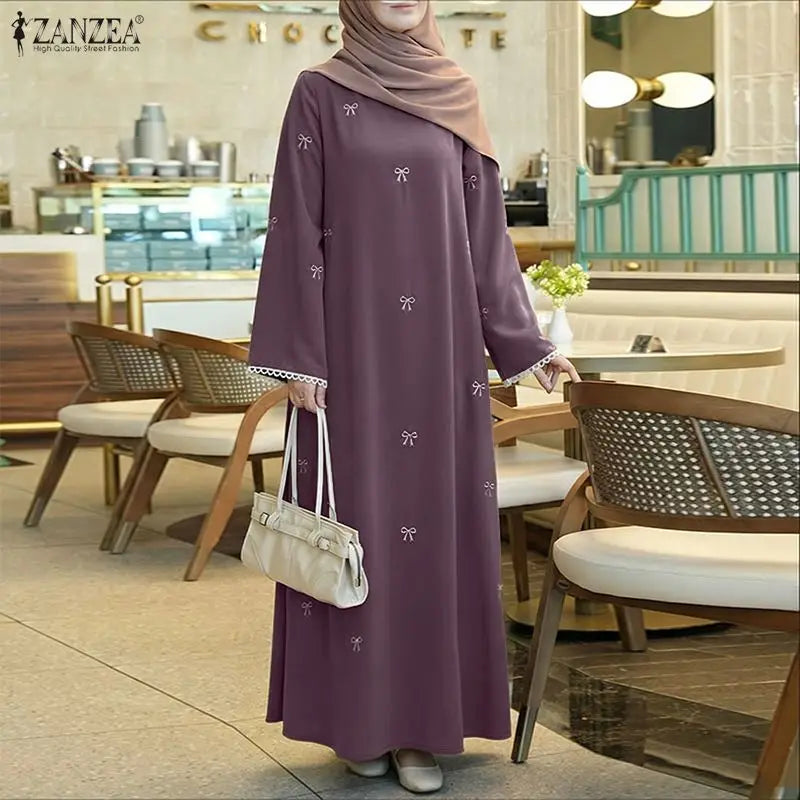 Hijabi Modest Bow Printing Maxi Dress Islamic Women's O-Neck Lace Trim Long Sleeve Loose Abaya ZANZEA Muslim Ramadan Robes Femme
